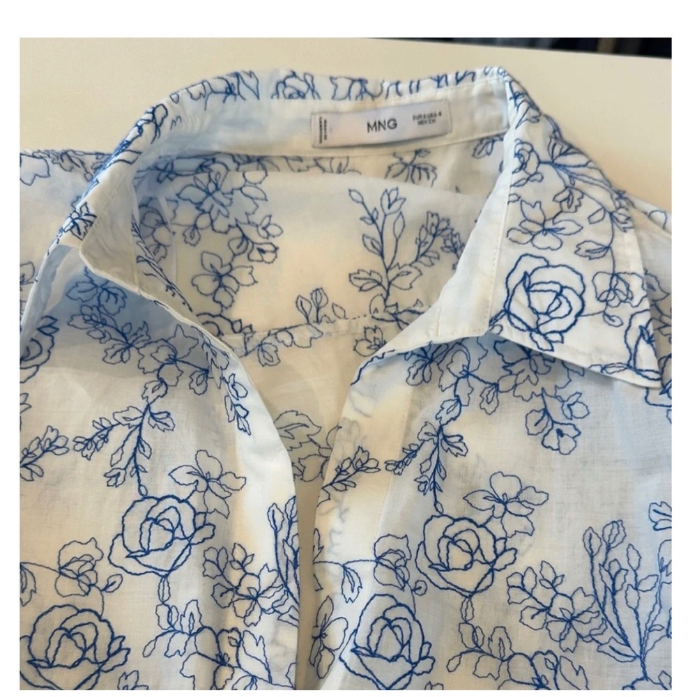 Pretty White Button-Down Shirt with Blue Floral Embroidery 💙
